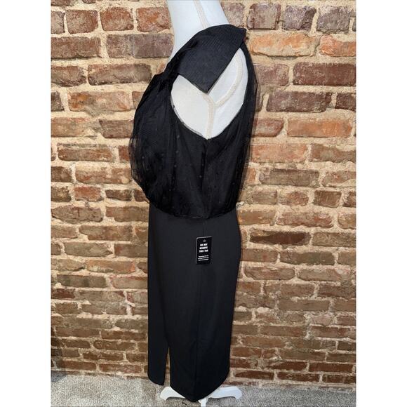 Express Black Mesh Polka Dot One Shoulder Bow Midi Sheath Dress Sz M Holiday - Picture 5 of 9